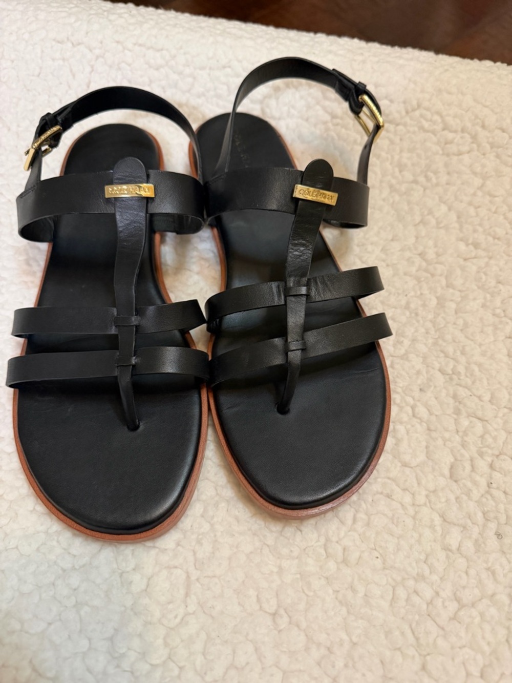 Cole Haan Finis Thong Black Faux Leather Sandals with Gold Accents